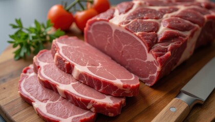 Raw Beef Brisket Slices Cutting Board with Knife