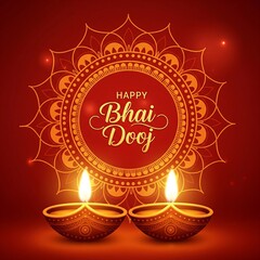 Beautiful Bhai Dooj Greeting Illustration Featuring Glowing Diyas and Intricate Mandala Art Radiant Warm Colors Representing Love Between Siblings Perfect for Festive Posters Cards and Digital Designs