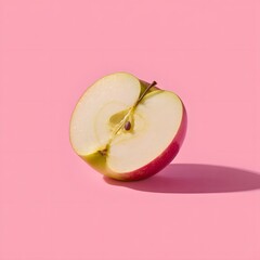 A half apple with seeds is displayed on a pink background casting a shadow to the right side