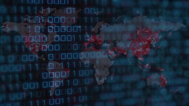 World map overlaying binary code, red hotspot appearing in Asia and spreading representing spread