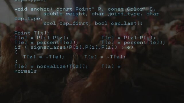 On start code overlay fading in over barn, hens pecking litter while code reading HTTP response