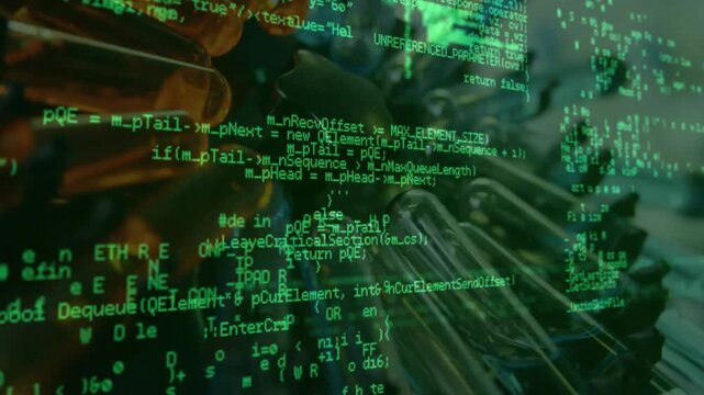 Opening dark view overlaying green code showing Python C++ fading into rotating brass vial carousel