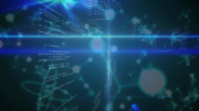 Horizontal blue flare sweeping field revealing pulsing nodes and bars and code showing data network