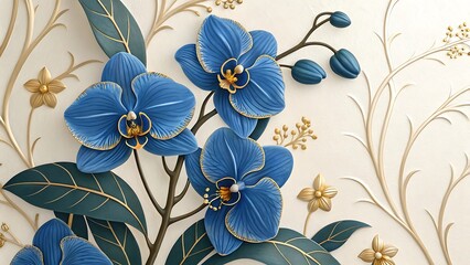 A close up of blue orchids with gold accents against a light beige textured background design art  custom 3d photo wallpaper panaflex design for wall hd background
