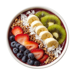 bowl filled with granola topped with banana slices, kiwi, blueberries, and strawberries, isolated on transparent background