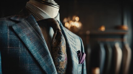 Adult male tailor crafts sophisticated business or wedding attire in a luxury design studio with mannequin displaying a tailored shirt tie and jacket Fashion and craftsmanship theme