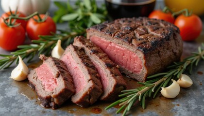 Fototapeta premium Beef Steak with Roasted Tomatoes and Wine Gray Table