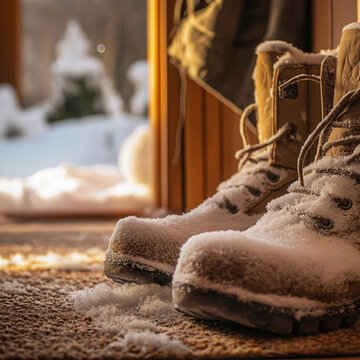 Winter boots covered in snow near doorway at home
