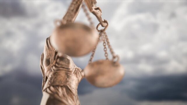 360 Degrees Rotating Seamless Looping Lady Justice Statue Over Time-lapse Clouds Background.