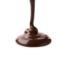 Pouring tasty melted chocolate on white background
