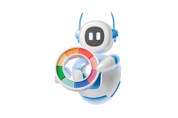 3d ai robot with color wheel icon. color picker concept. Minimal cartoon palette wheel swatch picker for design app banner. isolated on white background. 3d render.