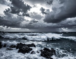 Dark, stormy seascape with dramatic clouds and crashing waves