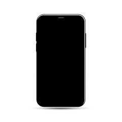 A black smartphone with a blank screen standing upright on a white surface casting a subtle shadow