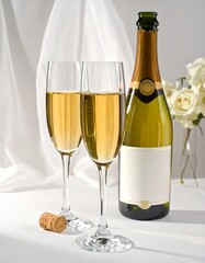 Champagne flutes and bottle near flowers on a white surface