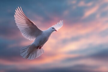 Majestic white dove flying spread wings dramatic evening sunset pink orange blue clouds symbolizing peace hope freedom