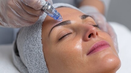 Detail of a Hispanic woman undergoing a hydrating facial with aqua peel in a beauty clinic