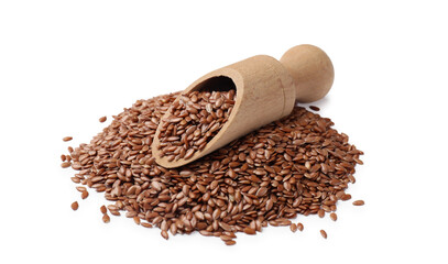 Pile of flax seeds and scoop isolated on white