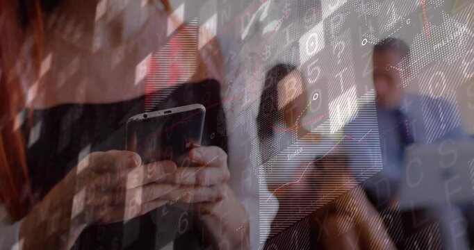 Colleague tapping phone and animating charts to visualize business data as colleagues observing