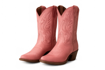 Pink cowboy boots showing western fashion, embroidered leather, rustic heritage, and country lifestyle on transparent background
