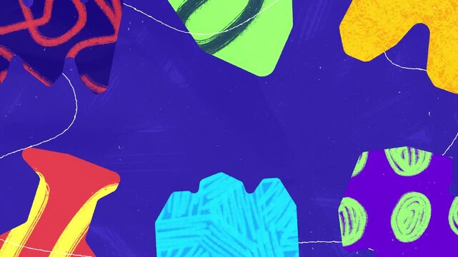 Vibrant abstract shapes and brush strokes on a blue background