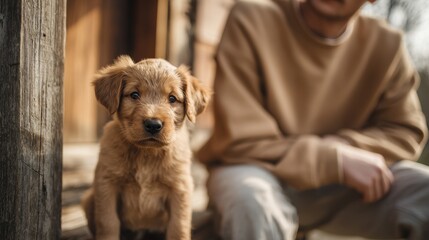 A delightful dog lovely puppy and handsome man relax on a porch Bright sunny day outdoors Focus on pet care and training
