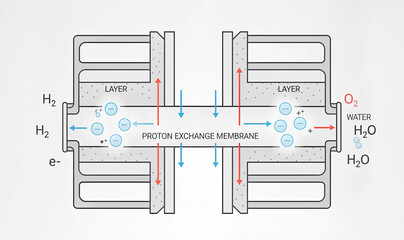 Proton Exchange Membrane (PEM) Fuel Cell diagram. Hydrogen and oxygen generate electricity and water. Green energy technology and future power source.