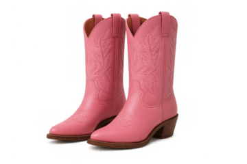Pink leather cowboy boots with western embroidery design, standing on a transparent background, fashion footwear