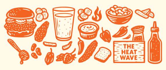 Spicy Food. Heat Wave. A vintage orange vector icon set in a woodcut style of hot and spicy food for a restaurant menu, a food festival poster, or a hot sauce brand's packaging.