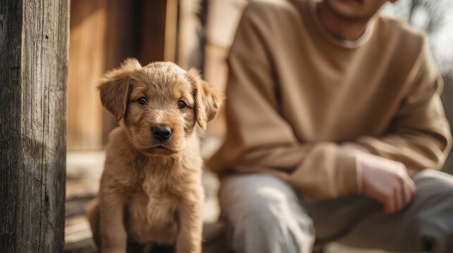 A delightful dog lovely puppy and handsome man relax on a porch Bright sunny day outdoors Focus on pet care and training