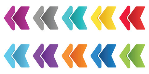 Arrow. Back. Icon Set. A modern vector collection of colorful double chevron icons for a website UI, an app button, a presentation slide, or a "previous" navigation element design.