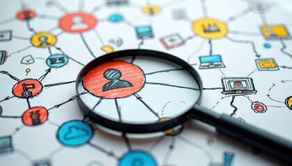 Sketch shows digital network connecting people and devices. Magnifying glass examines user icon within colorful system diagram. Analysis, research, connection.