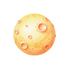 Fototapeta premium A whimsical watercolor illustration of a yellow cartoon moon or planet with craters, isolated on a white background.
