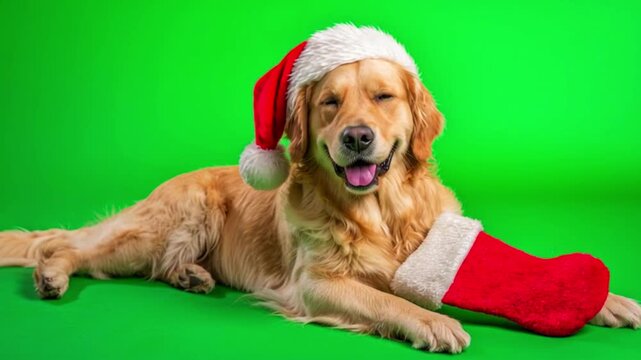 Golden retriever dog wearing a santa hat and lying down with a red christmas stocking on a green background