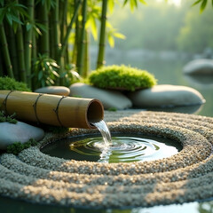 The Soul of Japan: The Eternal Aesthetics of Harmony
Japanese Zen Garden with Bamboo Water Feature and Stone Basin