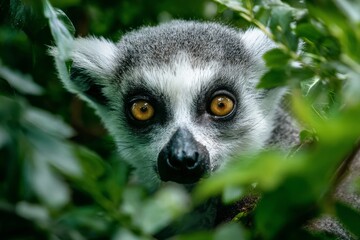 Obraz premium Curious Lemur Peering Through Green Foliage in a Natural Setting During Daylight Hours