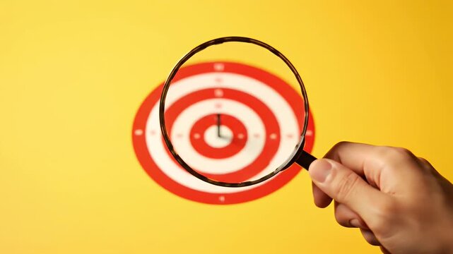 Hand Holding Magnifying Glass Over Red and White Target on Yellow Background Aiming for Precision Accuracy and Goal Achievement Strategic Business Concepts
