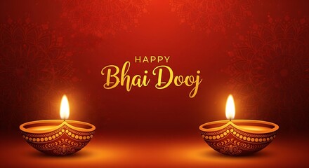 Beautiful Bhai Dooj Greeting Illustration Featuring Glowing Diyas and Intricate Mandala Art Radiant Warm Colors Representing Love Between Siblings Perfect for Festive Posters Cards and Digital Designs