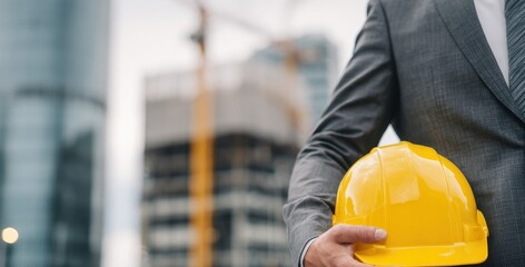 Business professional designer and safety gear in construction on site meetings or project management Individual with hard hat for industrial design collaboration or urban main