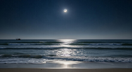 Fototapeta premium Moonlight over the ocean at night with stars and a sandy beach.
