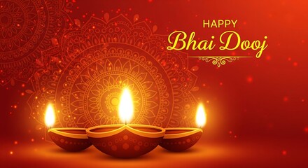 Beautiful Bhai Dooj Greeting Illustration Featuring Glowing Diyas and Intricate Mandala Art Radiant Warm Colors Representing Love Between Siblings Perfect for Festive Posters Cards and Digital Designs