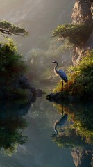 Heron Standing by the Calm Water Reflecting the Early Morning Mist and Lush Greenery in a Serene Landscape