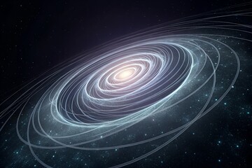 Fototapeta premium A celestial model of a star system with intricate, luminous orbital rings, illustrating the gravitational harmony and structure of the cosmos. Generative Ai.
