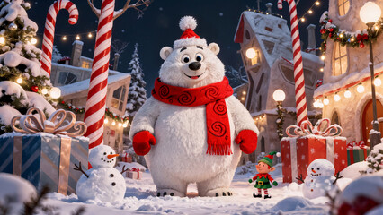 Smiling Cartoon Polar Bear with Red Scarf and Hat in Christmas Village Surrounded by Gifts and Snowmen and Elf