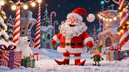 Santa Claus with Elf and Polar Bear in Colorful Christmas Village Surrounded by Gifts
