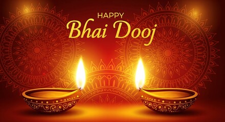 Beautiful Bhai Dooj Greeting Illustration Featuring Glowing Diyas and Intricate Mandala Art Radiant Warm Colors Representing Love Between Siblings Perfect for Festive Posters Cards and Digital Designs