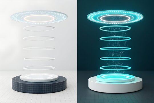 A futuristic product display podium with floating holographic rings, shown in light and dark modes with glowing blue energy for a high-tech showcase.
 Generative Ai.