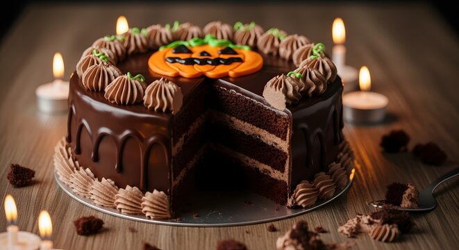 A chocolate cake with a slice cut out and a pumpkin decoration surrounded by lit candles on a table - Powered by Adobe