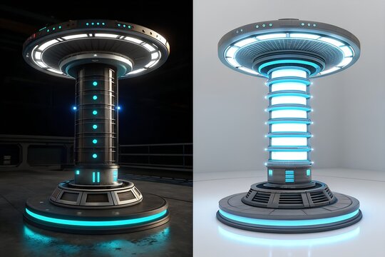 A futuristic sci-fi power generator or energy core, shown in two variations with glowing blue lights, symbolizing advanced technology and power.
Generative Ai.