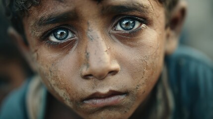 A dirty starving orphan boy looks sorrowfully from a refugee camp his eyes filled with suffering