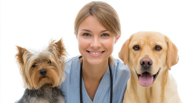 Joyful veterinarian posing with a Yorkshire Terrier and a yellow Labrador against a white backdrop